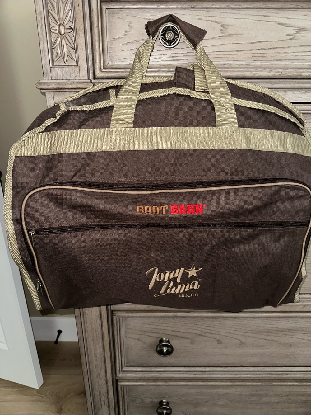 Tony Lama Brown and Tan Duffel/Garment Bag with Boot Barn Logo. NEW